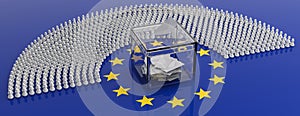 European parliament members as pawns and a voting box on EU flag, 3d illustration