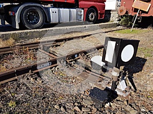 European railway station. Jaslo city of Poland country. Train railroad sign. Sunny day of Autumn