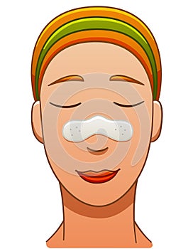 European red-haired woman with nose pore strip