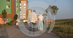 European retirees walk with their backs to the camera holding hands