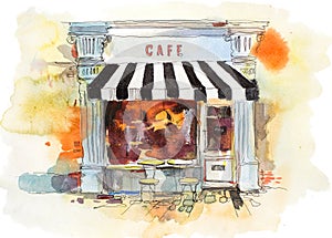 European retro restaurant or cafe Watercolor illustration