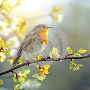 European robin perched on a branch in spring nature