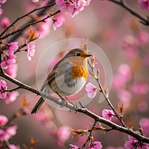 European Robin Perched on Pink Blossom Branch