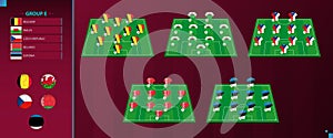 European section of World football tournament qualification, Group E. Vector country flag set and Team Formation on Football Field