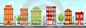 European shopping street. Cartoon city, cute house facade exterior. Shop and cafe, buildings seamless pattern. Town