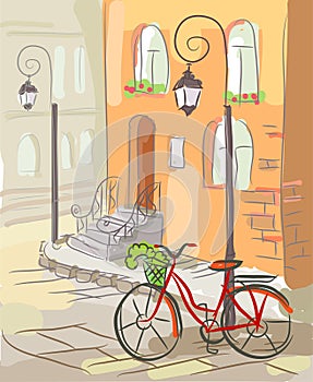 European street with a bicycle and lanterns