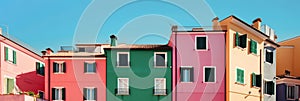 European street with bright colorful vivid houses. Vibrant residential architecture exterior in summer at sunny day. Created with