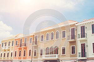 European style tenement houses and blue sky.