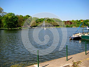 European summer Sunny landscape with the prospect of lakes in urban environment, recreation, green vegetation