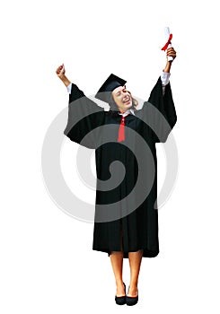 European teenage girl in graduation gown celebrating graduation holding her diploma in a very happy isolate on white