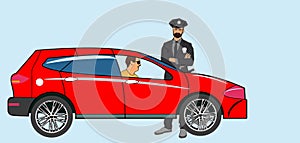 European traffic police officer pulls over a red car on a city road. Do not start arguments or act irritated or