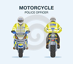 European traffic police officer riding a motorcycle. Front and back view.