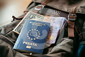 European travel and economy concept: euro banknotes and eu passport on top of a travel backpack