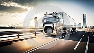 European truck run in highway at sunset with a big city in background, illustration ai generative