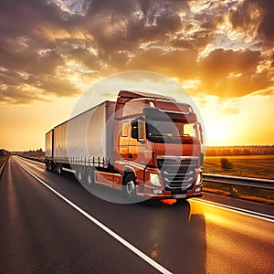 European truck vehicle on motorway with dramatic sunset