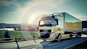 European truck vehicle on motorway with dramatic sunset light. Cargo transportation and supply theme.