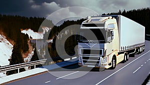 European truck vehicle on motorway with dramatic sunset light. Cargo transportation and supply theme.