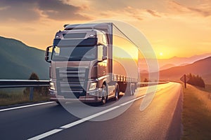 European truck vehicle on motorway with dramatic sunset light. Cargo transportation and supply theme. Generative AI