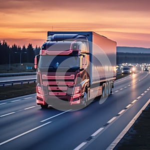 European truck vehicle on motorway with dramatic sunset light. Cargo transportation and supply theme. Generative AI