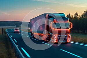 European truck vehicle on motorway with dramatic sunset light. Cargo transportation and supply theme. Generative AI