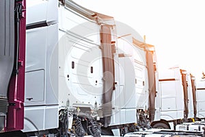 European trucks stand in a row with spacious comfortable cabs, industry. Copy space
