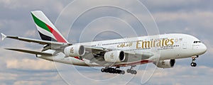 Airbus A380 of the Emirates airline makes a landing at the Russian airport Domodedovo