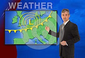 European TV news weather meteorologist reporting