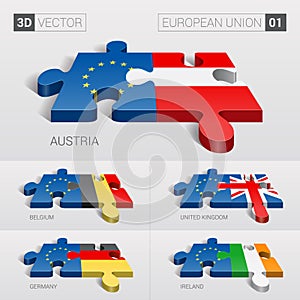 European Union and Austria, Belgium, United Kingdom, Germany, Ireland Flag. 3d vector puzzle. Set 01.