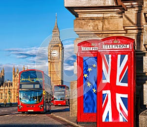 European Union and British Union flag on phone booths against Big Ben in London, England, UK, Stay or leave, Brexit