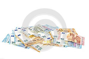 European union currency euro banknotes bills background. 2, 10, 20 and 50 euro. Concept success rich economy. On white background