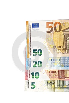 European union currency euro banknotes bills background. 2, 10, 20 and 50 euro. Concept success rich economy. On white background