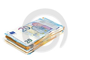European union currency euro banknotes bills background. 2, 10, 20 and 50 euro. Concept success rich economy. On white background