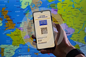 European Union digital COVID-19 certificate. Vaccination pass which allow people travel around Europe freely