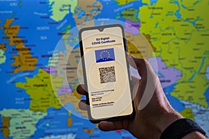 European Union digital COVID-19 certificate. Vaccination pass which allow people travel around Europe freely photo