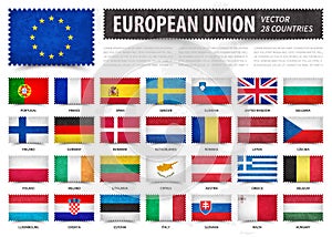 European union . EU . And membership country flag . Stamp shape with grunge paper texture . White isolated background with europe