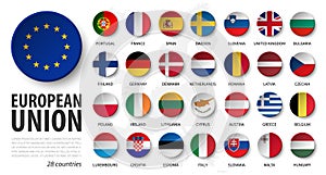 European union . EU and membership flags . 3D sink circle button element design . White isolated background and europe map .