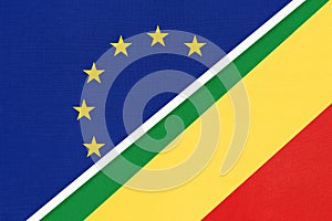 European Union or EU and Republic of the Congo national flag from textile. Symbol of the Council of Europe association