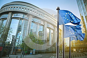 European union flag against parliament in Brussels