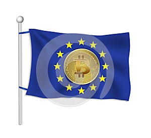 European union flag with Bitcoin gold coin, white background