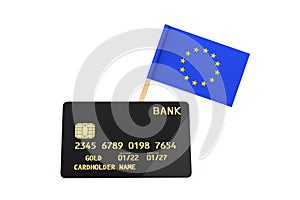 European Union Flag and Black Plastic Golden Credit Card with Chip. 3d Rendering