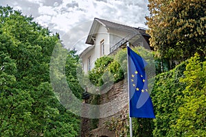 European union flag on building covered in green trees