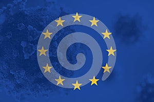 European Union flag  with Coronavirus outbreak infecting respiratory system.