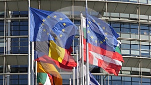 European Union Flag fly at half mast after Manchester terrorist attack close-view