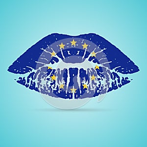 European Union Flag Lipstick On The Lips Isolated On A White Background. Vector Illustration.
