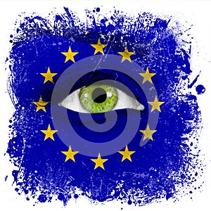 European Union flag painted on face with green eye