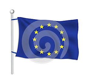 European union flag waves on a flagpole, white background