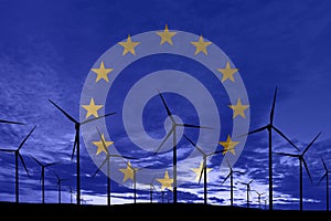European Union flag wind farm at sunset, sustainable development, renewable energy