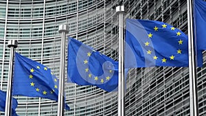 European Union flags in a row waving in the wind, European Commission