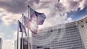 European Union flags waving in front of European Commission, Brussels