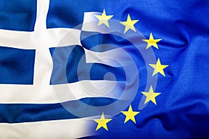 European Union and Greece. The concept of relationship between EU and Greece. Waving flag of EU and Greece.